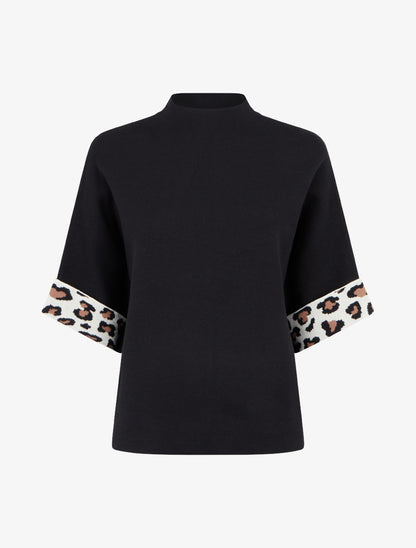 Pull à col montant et détail imprimé léopard - Noir - 1