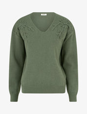 Pull droit à fleurs brodées - Kaki - 1