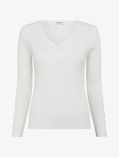 Pull côtelé moulant à col V à boutons décoratifs - Blanc - 1