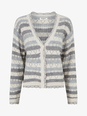 Gilet rayé en maille fantaisie à col V - Gris - 1