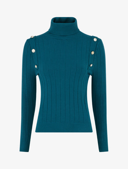Pull fin à roulé et boutons décoratifs - Bleu canard - 1