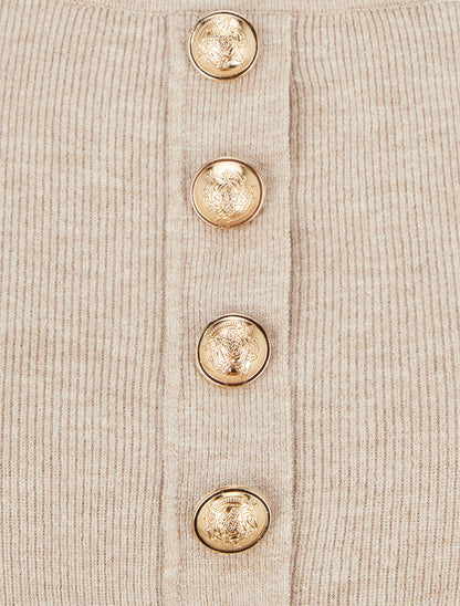Pull fin à col rond et boutons décoratifs - Taupe - 3