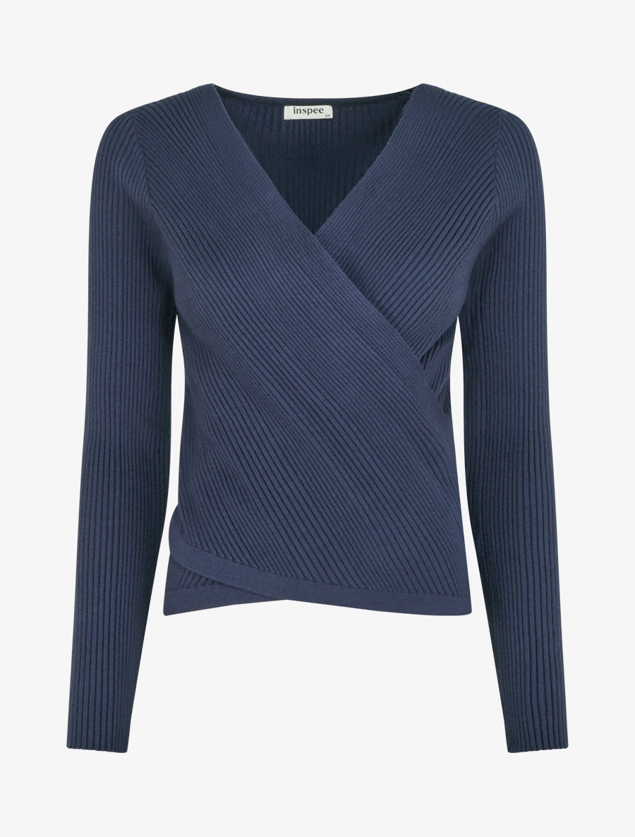 Pull côtelé à col cache-coeur - Marine - 1