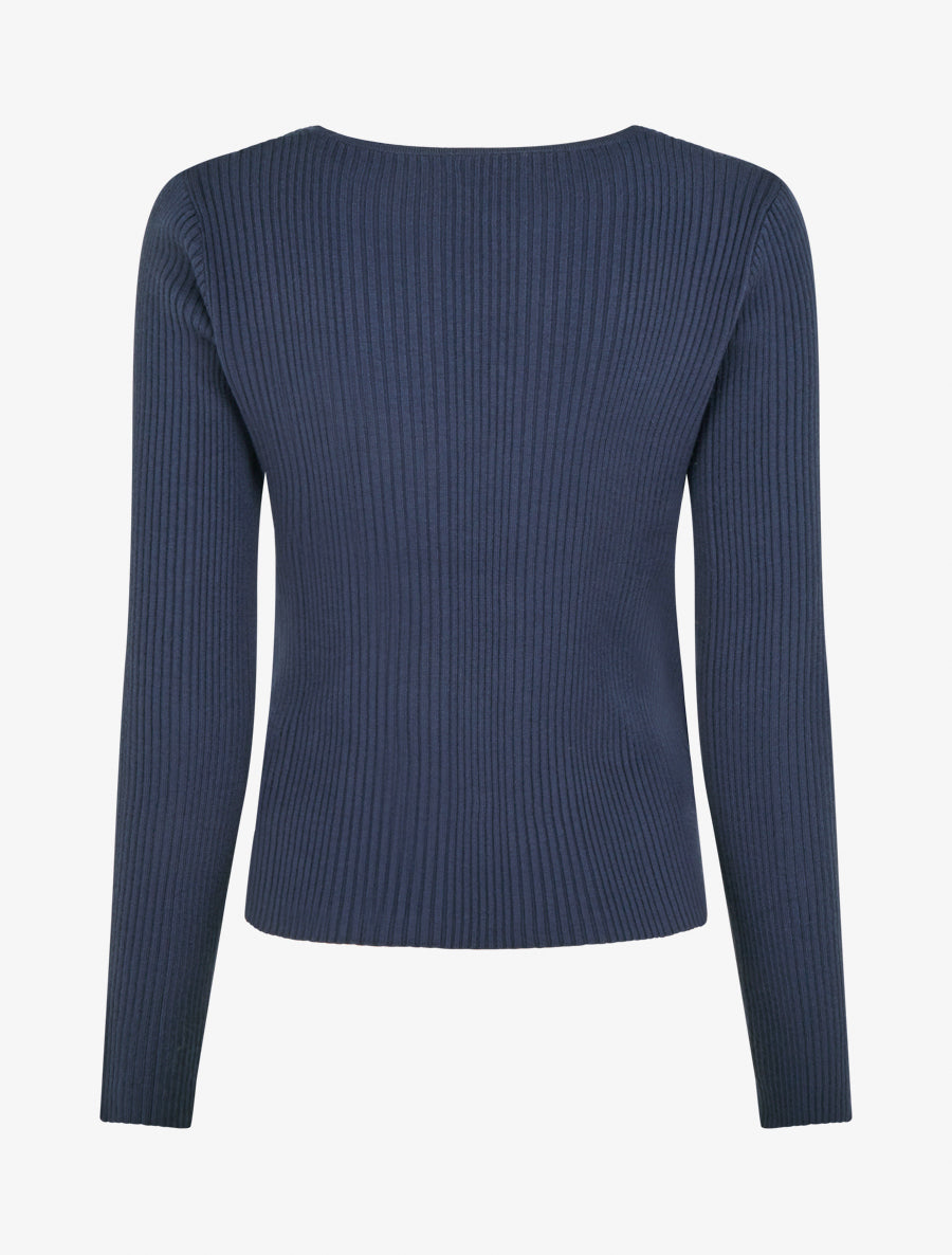 Pull côtelé à col cache-coeur - Marine - 2