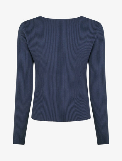 Pull côtelé à col cache-coeur - Marine - 2