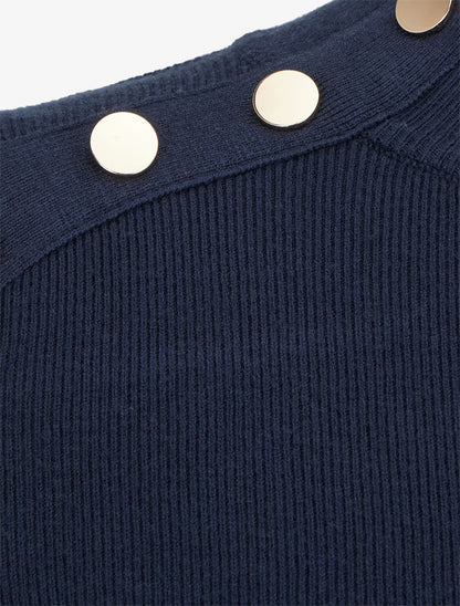 Pull côtelé ajusté à boutons dorés - Marine - 3