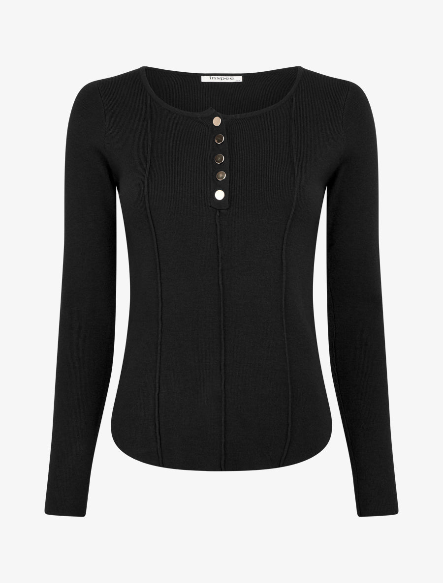 Pull côtelé à col rond boutonné - Noir - 1