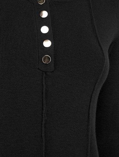 Pull côtelé à col rond boutonné - Noir - 3