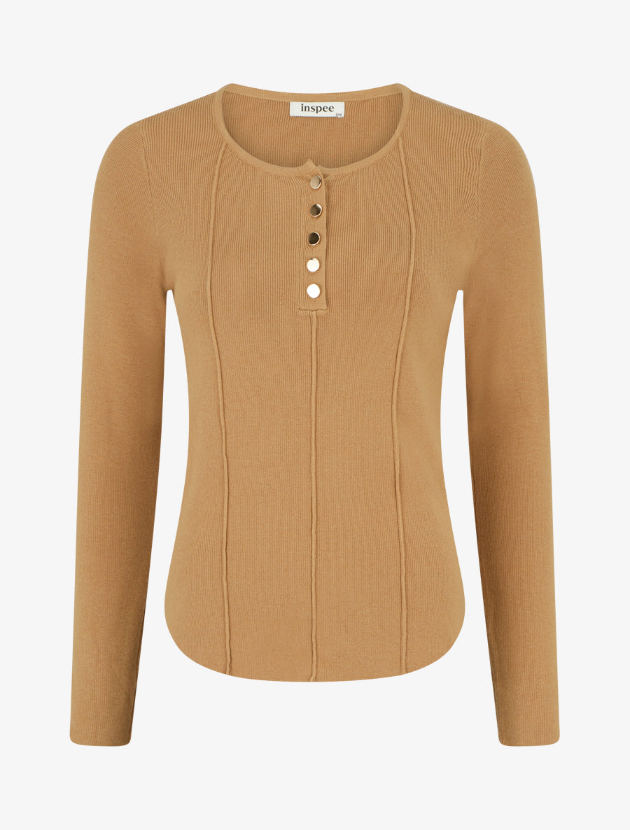 Pull côtelé à col rond boutonné - Camel - 1