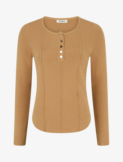 Pull côtelé à col rond boutonné - Camel - 1
