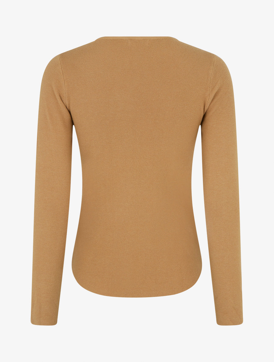 Pull côtelé à col rond boutonné - Camel - 2