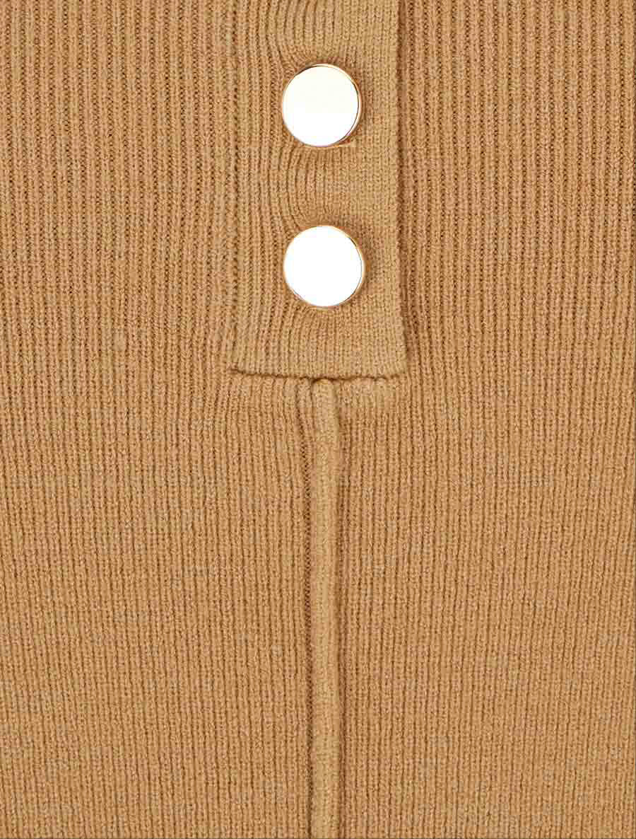 Pull côtelé à col rond boutonné - Camel - 3