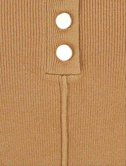 Pull côtelé à col rond boutonné - Camel - 3