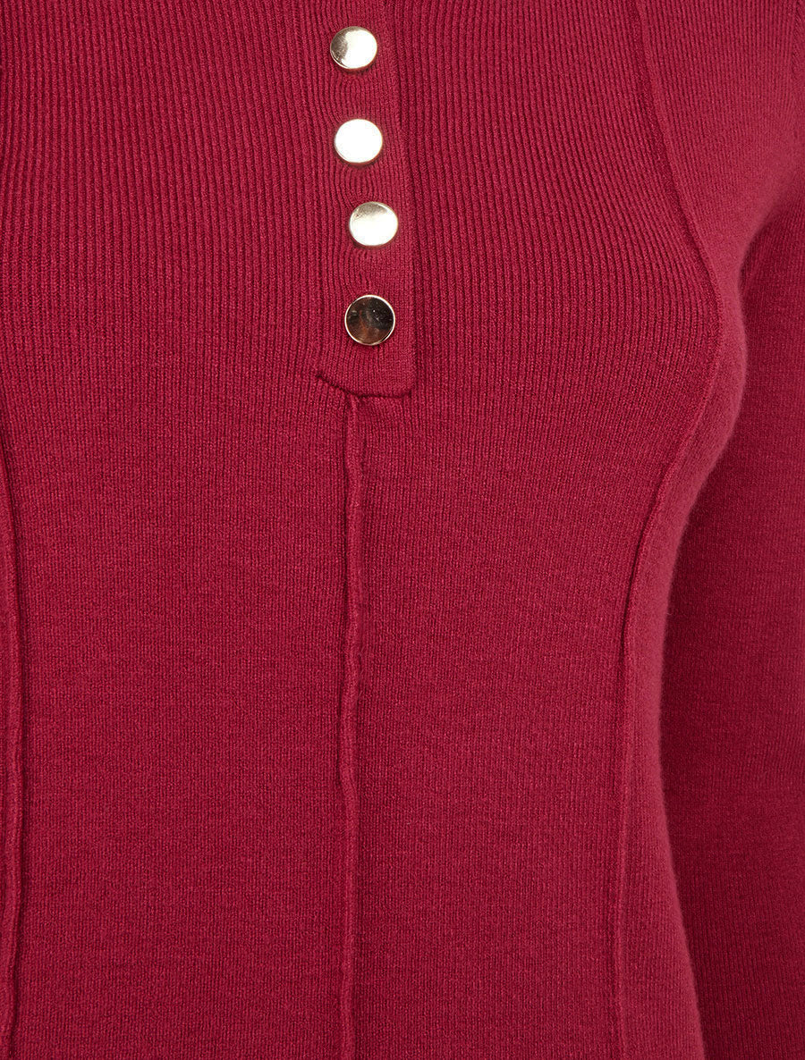 Pull côtelé à col rond boutonné - Bordeaux - 3