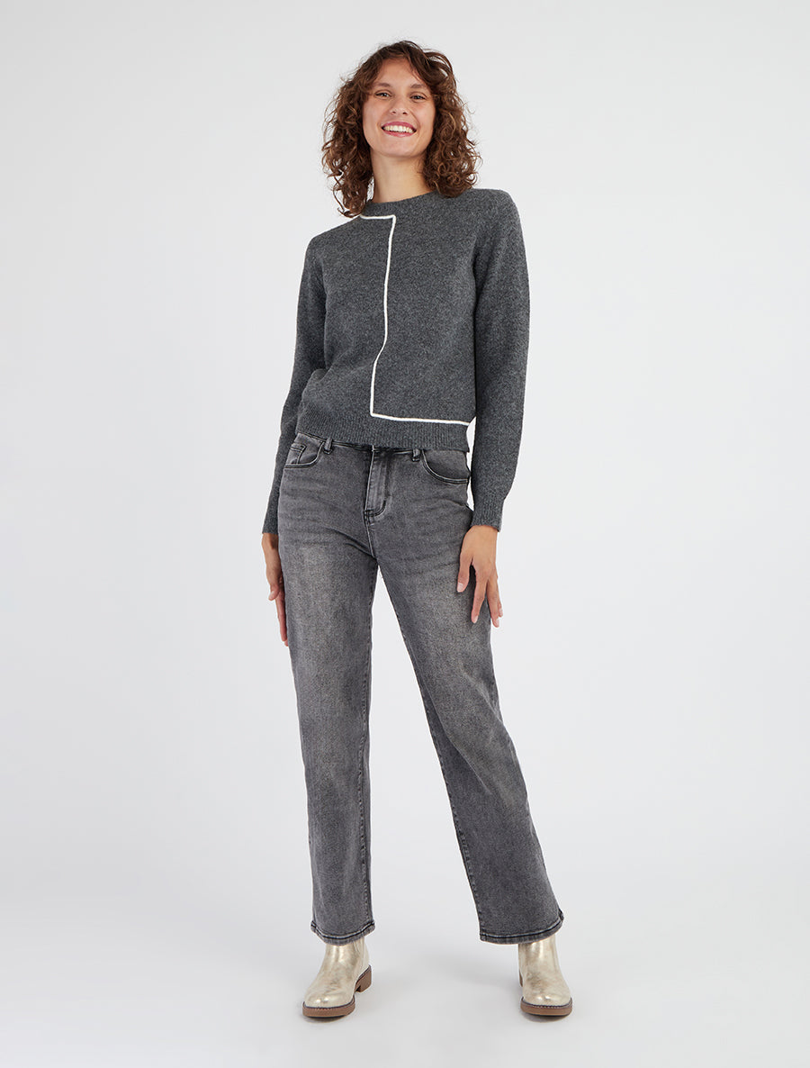 Rechte trui met ronde hals en contrasterende bies. - Grijs