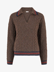 Pull texturé en maille à col V - Marron - 1