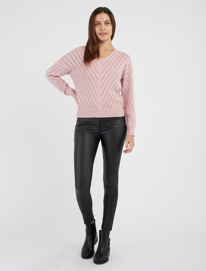 Pull uni ajouré à col V - Rose - 8