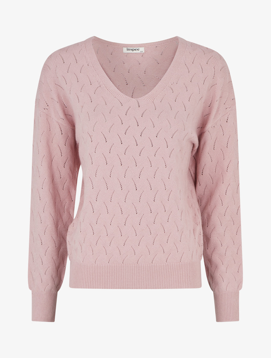 Pull uni à col V et détail ajouré - Rose - 1