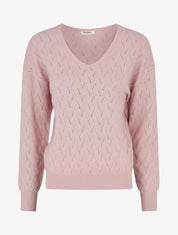 Pull uni à col V et détail ajouré - Rose - 1
