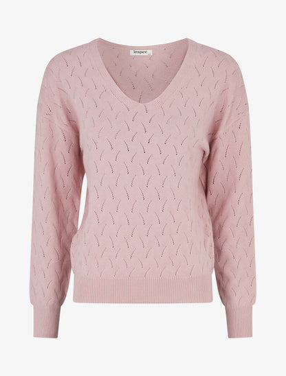 Pull uni à col V et détail ajouré - Rose - 1