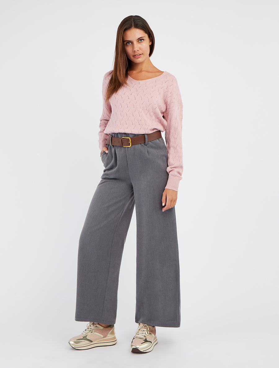 Pull uni à col V et détail ajouré - Rose - 8