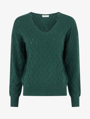 Pull uni à col V et détail ajouré - Vert sapin - 1