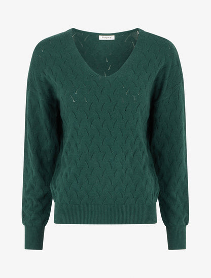 Pull uni à col V et détail ajouré - Vert sapin - 1