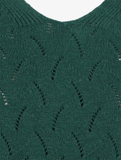 Pull uni à col V et détail ajouré - Vert sapin - 3