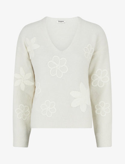 Pull duveteux à fleurs brodées - Écru - 1