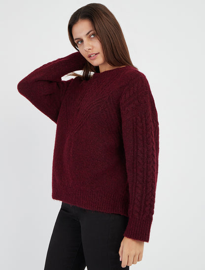 Pull droit à col rond en maille stylisée - Bordeaux