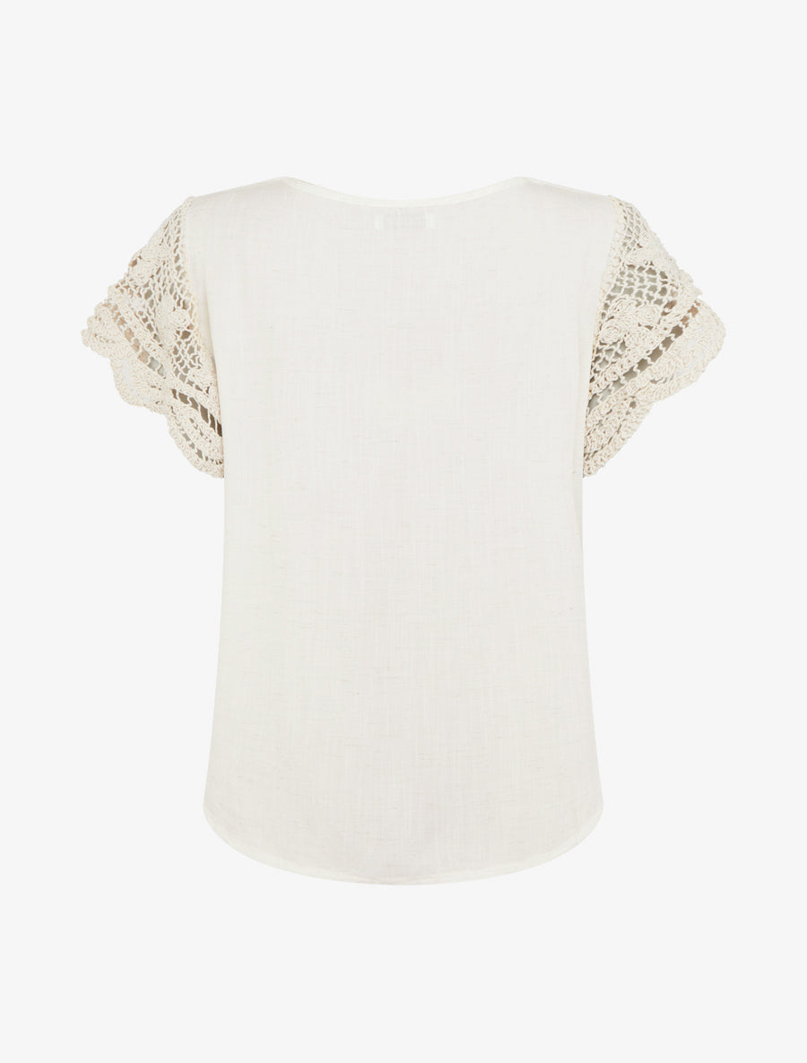 Top uni à manches courtes brodées - Crème - 2