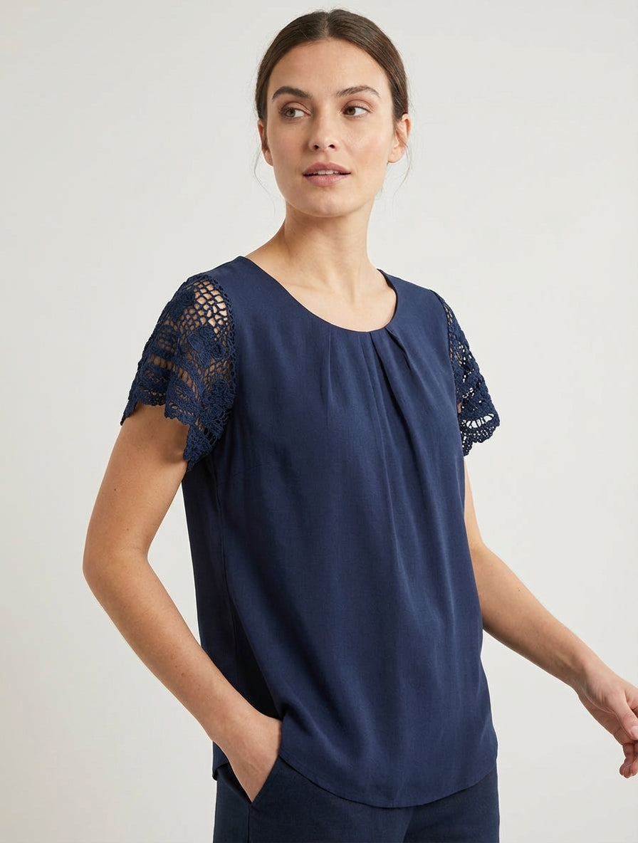 Top met korte mouwen en borduurwerk - Marine