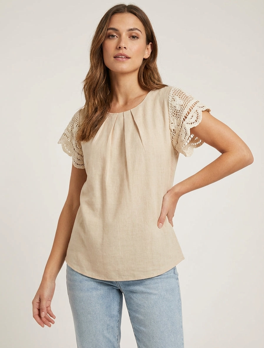 Top uni à manches courtes brodées - Beige