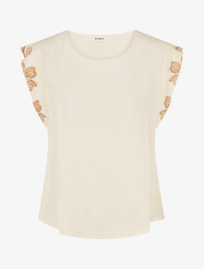 Top uni à mancherons brodés - Beige - 1