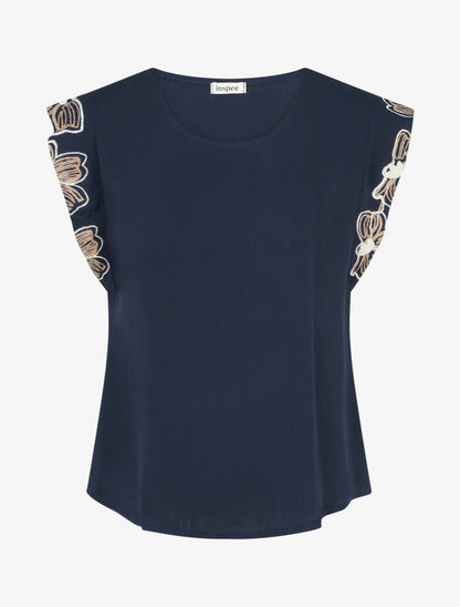 Top uni à mancherons brodés - Marine - 1