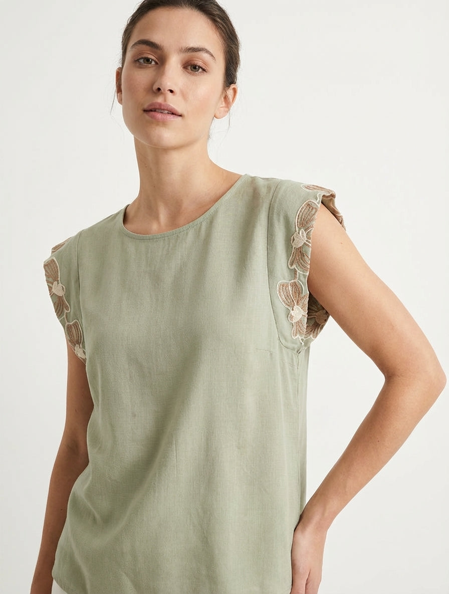 Top uni à mancherons brodés - Kaki