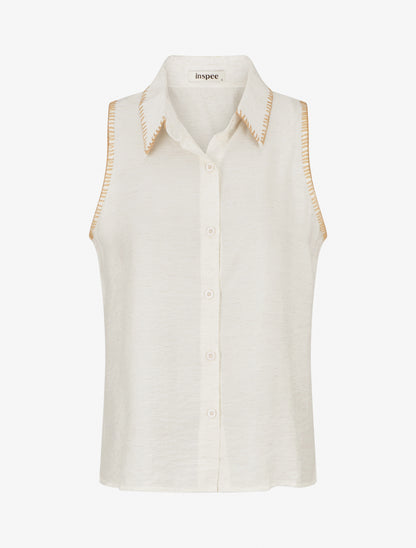 Chemisier uni sans manches boutonné - Crème - 1