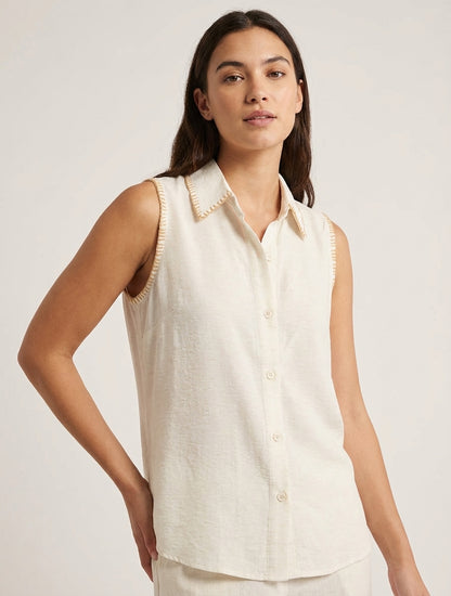 Chemisier uni sans manches boutonné - Crème