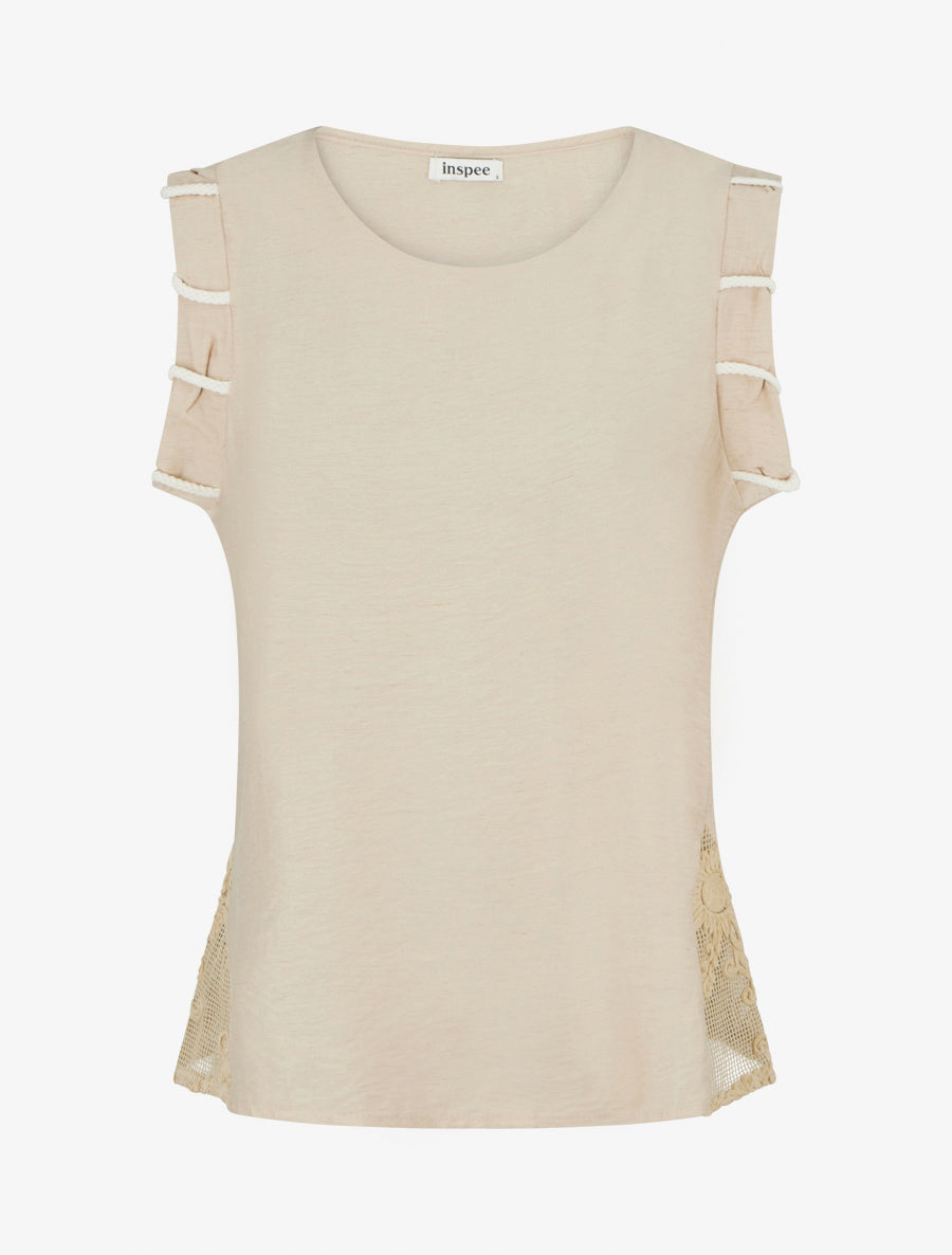 Top uni à détail effet cordes et broderies ajourés - Beige - 1