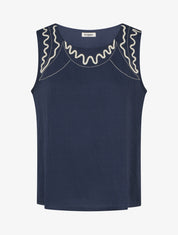 Top uni à détail broderies vagues - Marine - 1