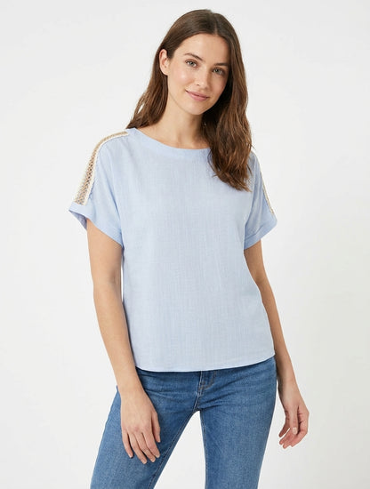 Top manches courtes à broderies ajourés - Bleu ciel