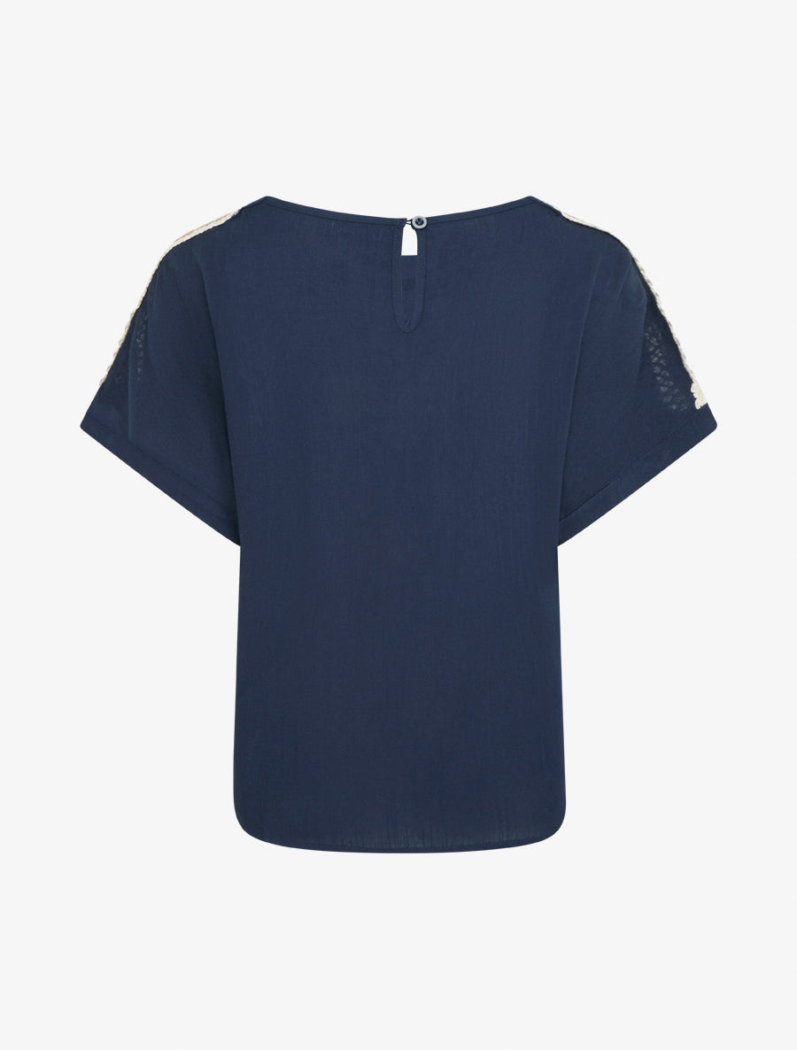 Top manches courtes à broderies ajourés - Marine - 2