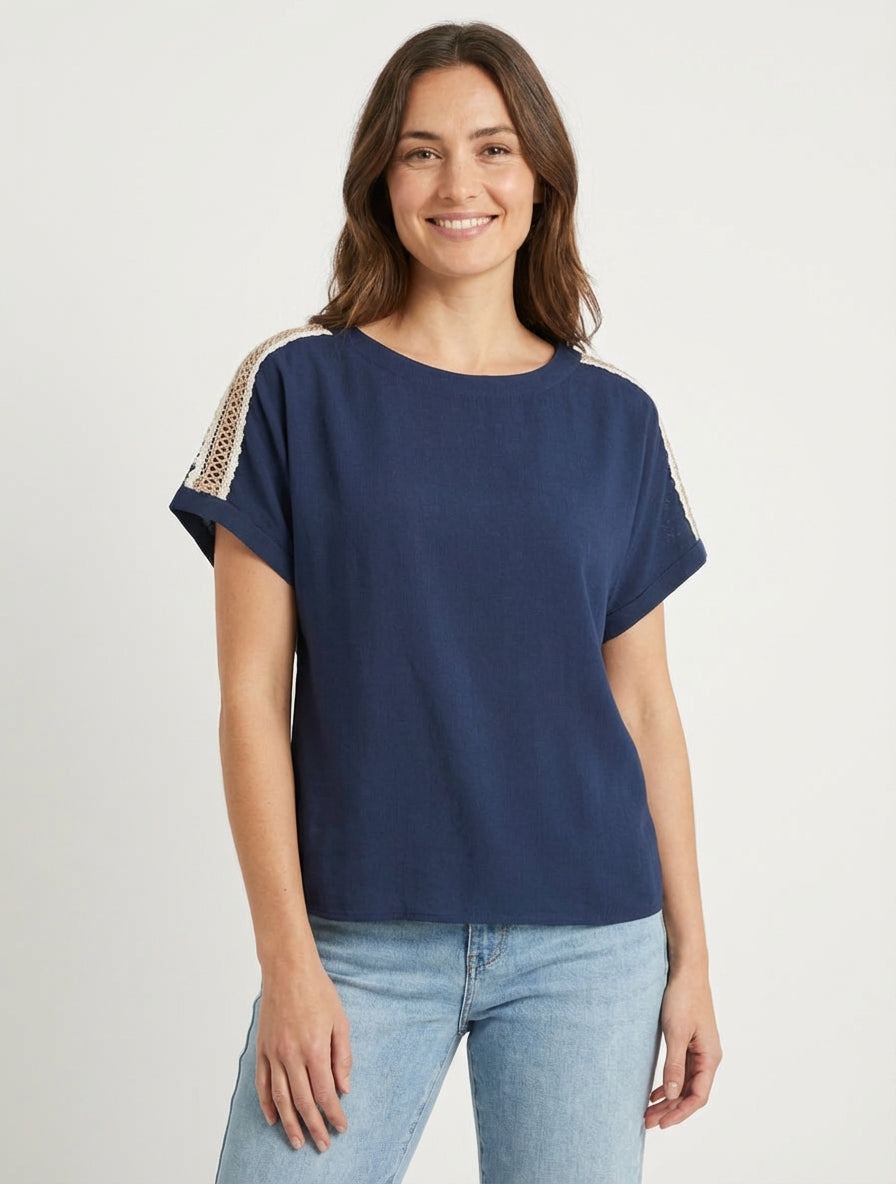 Top manches courtes à broderies ajourés - Marine