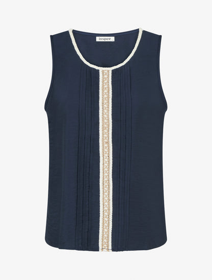 Top sans manches à col rond et broderie - Marine - 1