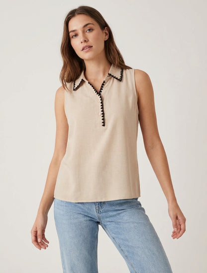 Mouwloze blouse met geborduurde kraag - Beige