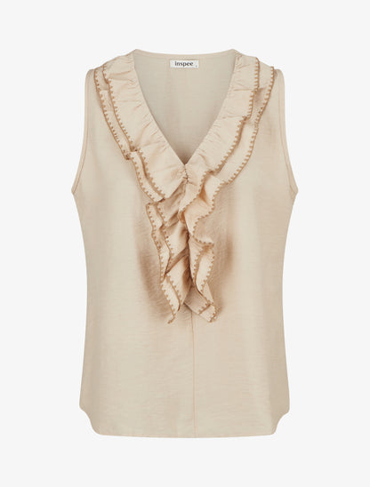 Top sans manches à col V volanté - Beige - 1