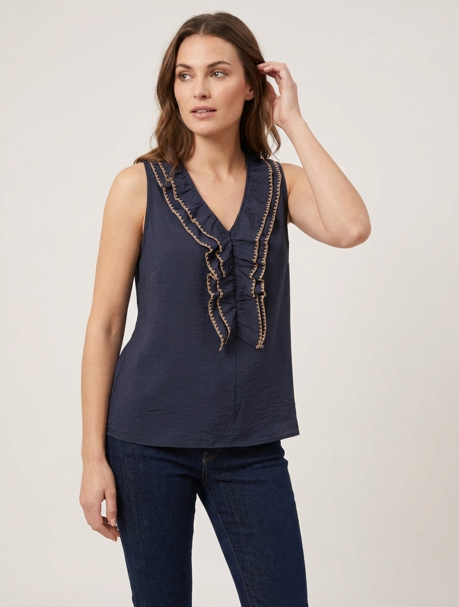Top sans manches à col V volanté - Marine