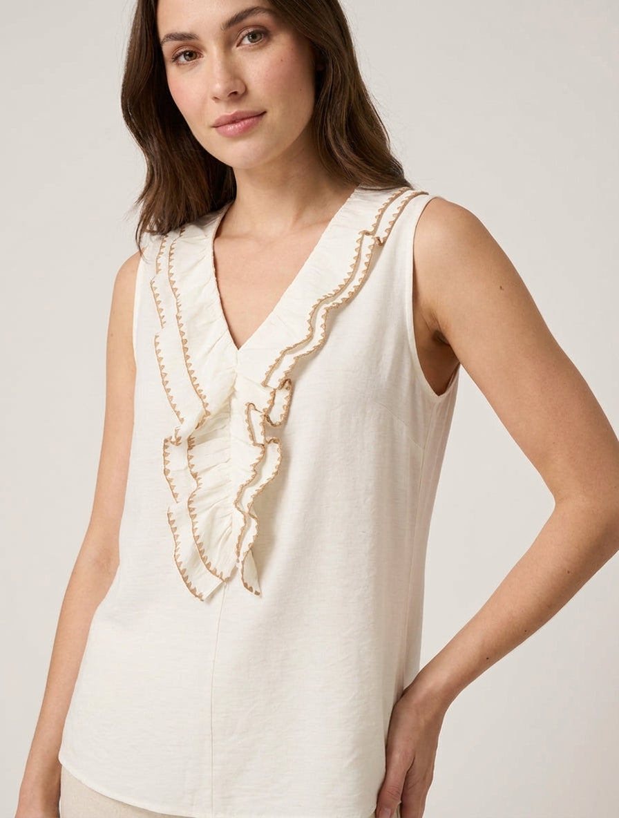 Top sans manches à col V volanté - Écru