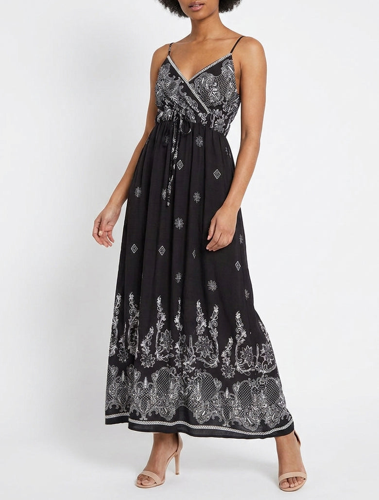 Robe longue imprimé arabesque fleuri - Noir