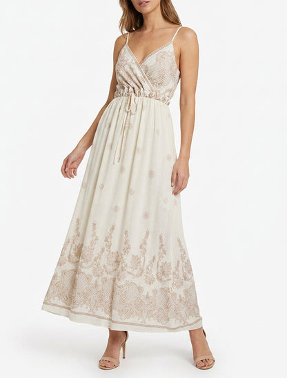 Robe longue imprimé arabesque fleuri - Écru